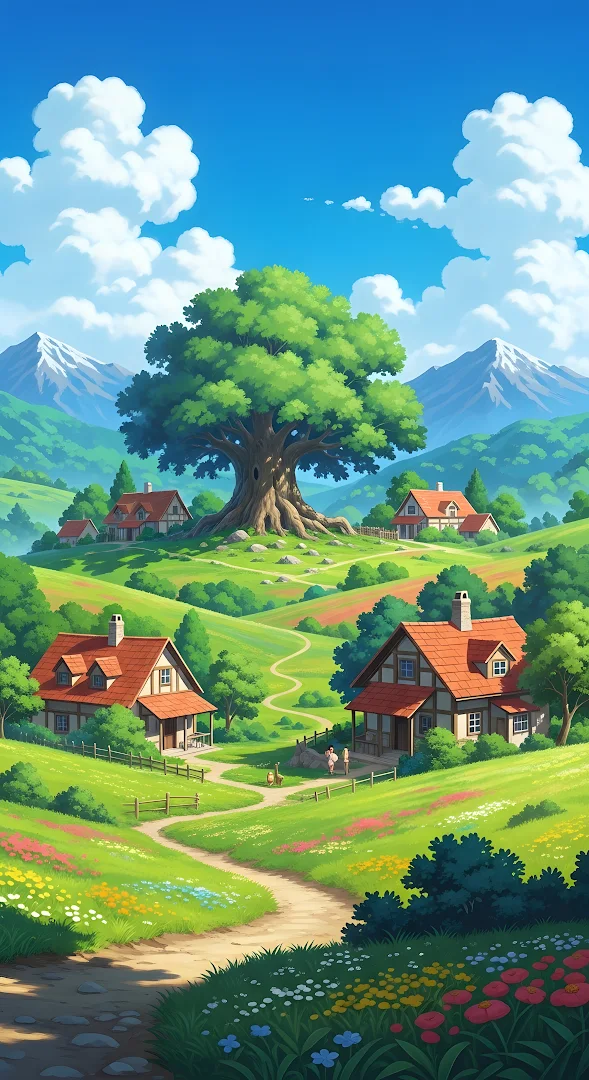 Idyllic Anime Village Landscape with Giant Tree and Mountains
