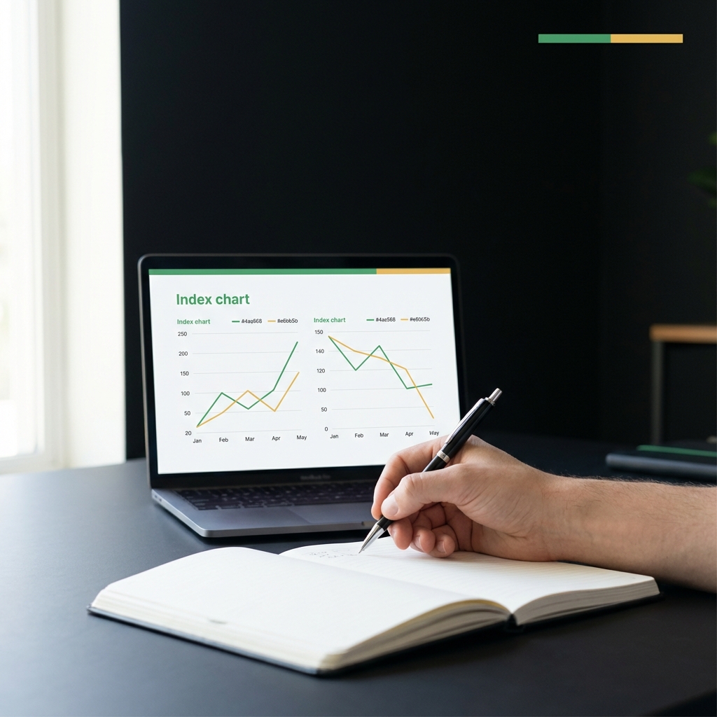 how to start investing in s&p 500 close up laptop screen with an index chart and a hand taking notes on a minimalist dark desk with green brand accents
