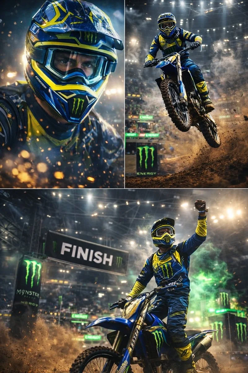 Escena de carreras de motocross ultradinámica con un piloto profesional de motocross realizando acrobacias extremas en el interior...