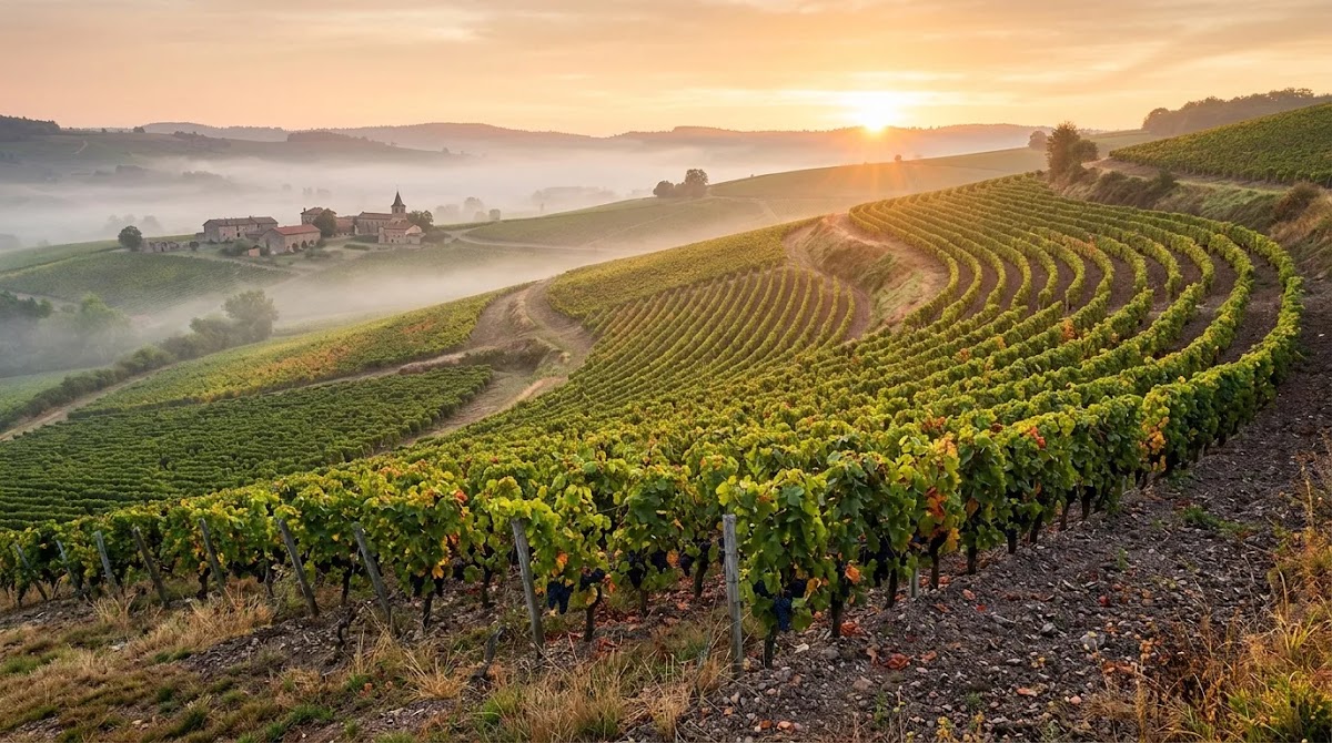 Beaujolais wine region vineyard landscape with Gamay vines on rolling French hills
