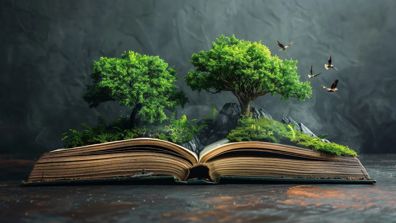 Ai Art, Trees, Books, Birds, Illustration 5K Desktop Wallpaper