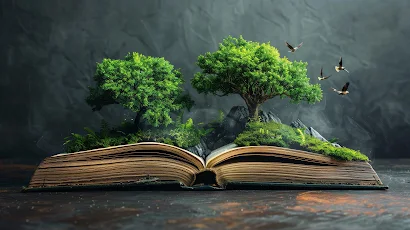 Ai Art, Trees, Books, Birds, Illustration 5K Wallpaper Background