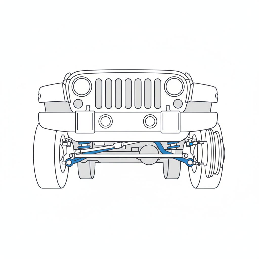 Minimalist 2D vector underbody view showing front suspension control arms and ball joints of a used jeep wrangler for sale on white background with blue accents