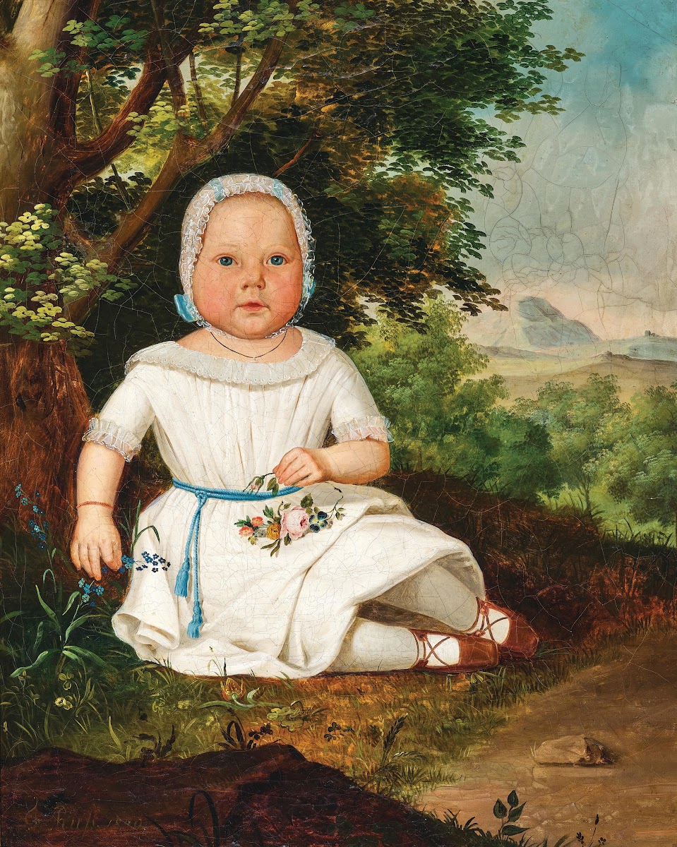 A Girl in a White Frock with Bonnet before a Landscape Background 1840