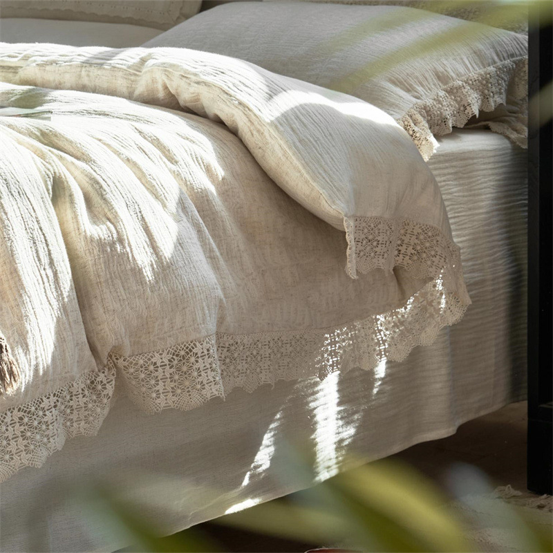 French Linen-Cotton Bedding Set with Lace Trim