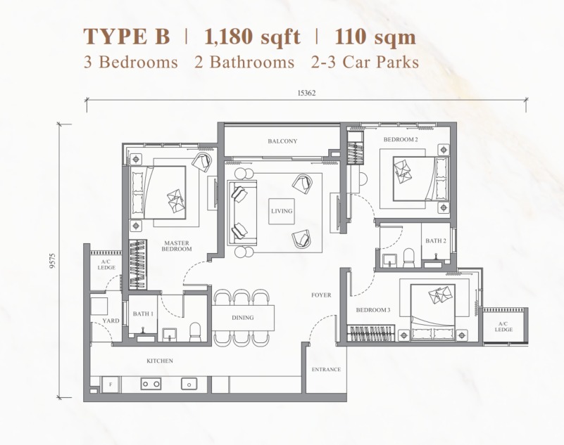 River Park Type B floor plan — 1180 sq ft, 3 bedrooms