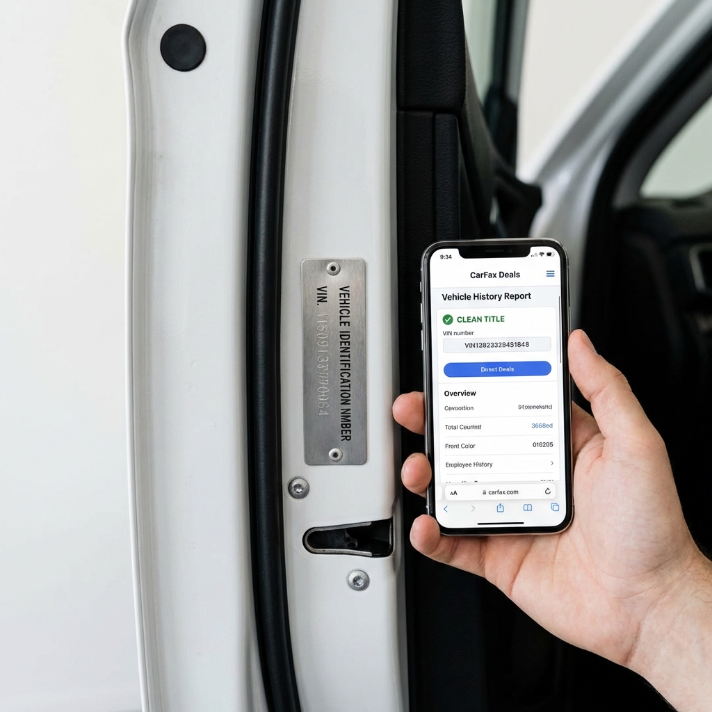 Close up of VIN plate and smartphone showing vehicle history report for honda cr v for sale near me on white minimalist CarFax Deals background