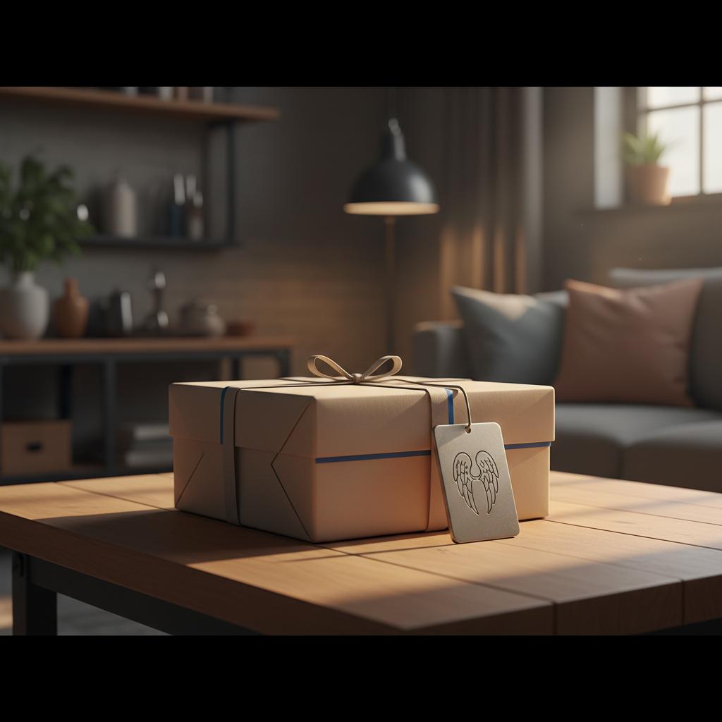 Nahaufnahme eines sorgfältig verpackten Schutzengel Geschenks auf Holztisch mit graviertem Metallanhänger, warmen Lichtakzenten und minimalistischer Vektorästhetik