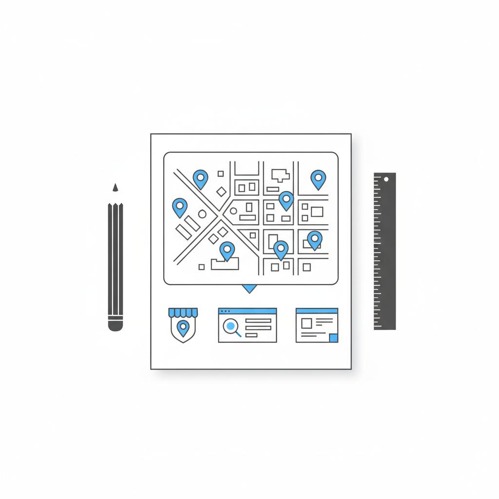 Minimal 2D vector flatlay of a notebook page with a sketched city map, #1a5bfb pins marking service areas, pencil and ruler, and small diagrams for Search, LSA, Display &mdash; google ads for service businesses