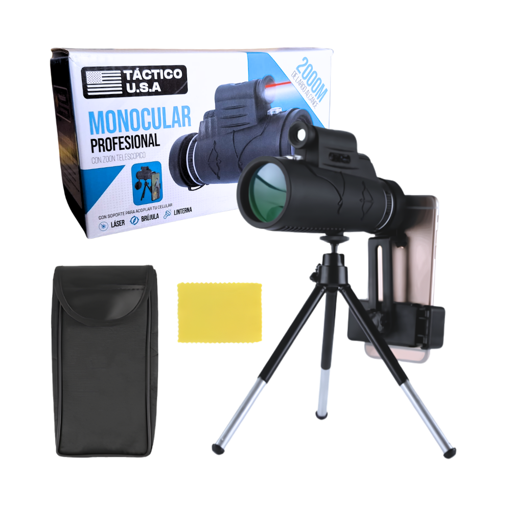 Monocular Profesional 2000M con Brujula Laser Rojo Linterna 50x60 y Soporte para Celular con Tripode