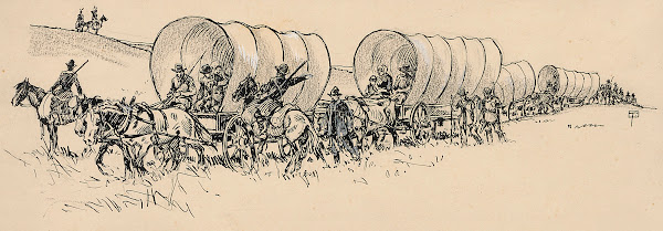 A caravan of American settlers is protected by soldiers against Native Americans