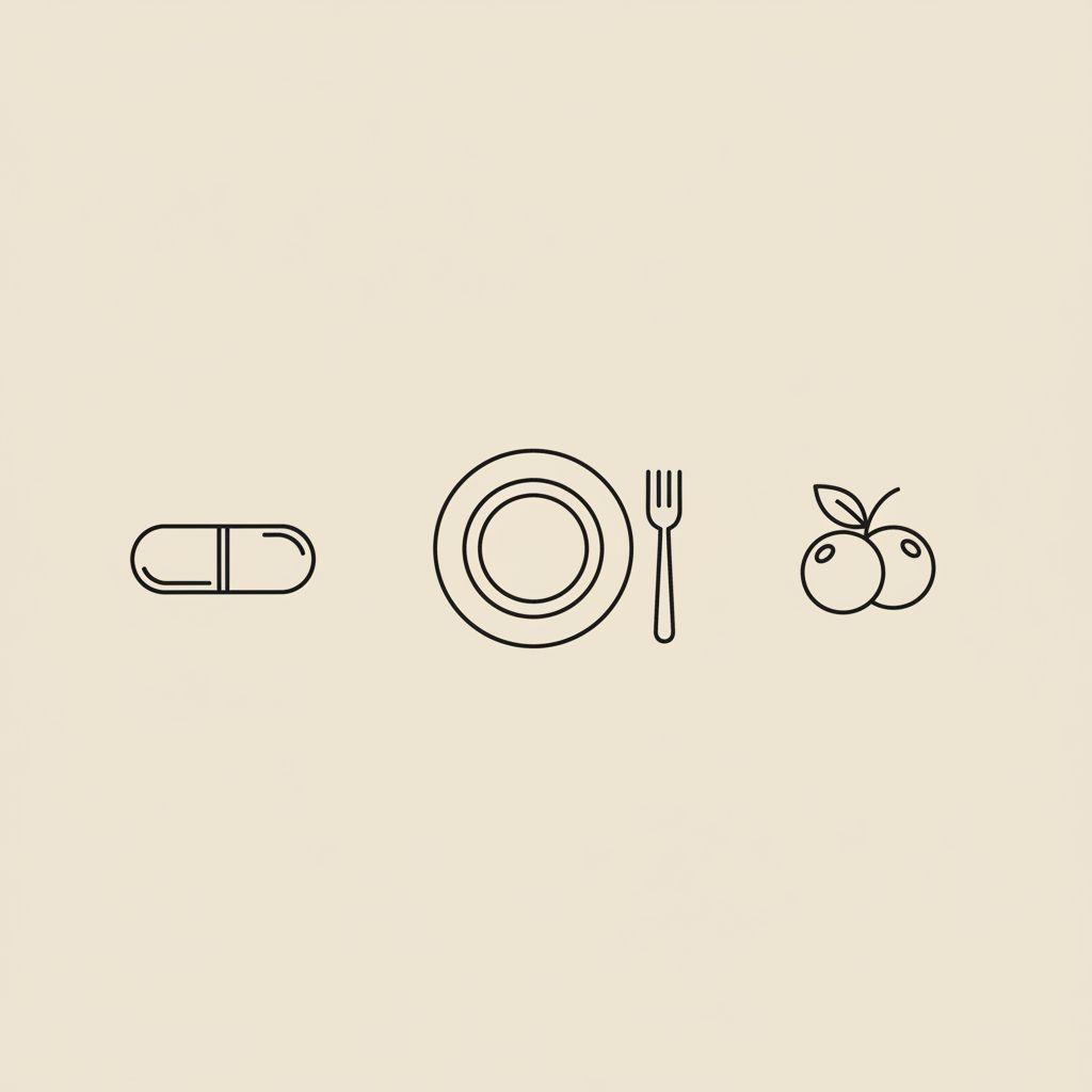 Minimal Tonum-style line illustration of a capsule, plate with a fork, and a small berry on a beige background, concept image for estrogen and weight loss.