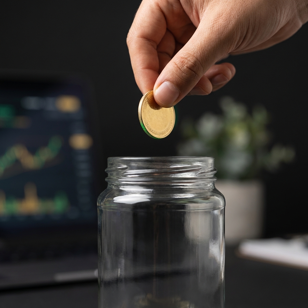Close up of a hand dropping a single coin into a clear jar on a dark background with a blurred laptop in the background showing finance charts how do i start investing with little money