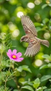 Action Macro Shot of a Sparrow Flying Toward a Pink Flower