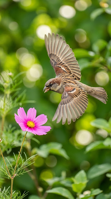 Action Macro Shot of a Sparrow Flying Toward a Pink Flower - Free mobile Wallpaper