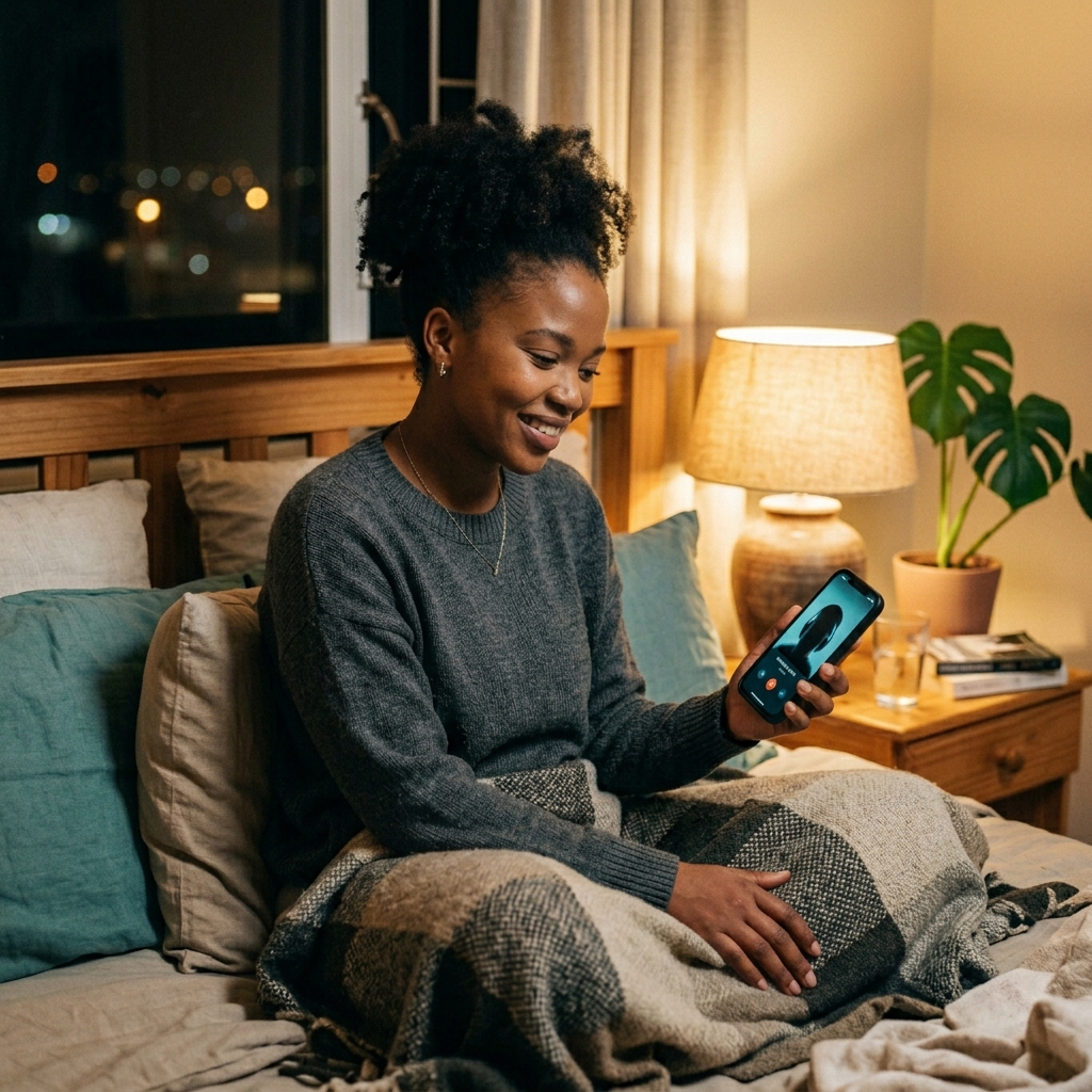 Young South African woman on a counselling video call in her Boksburg apartment