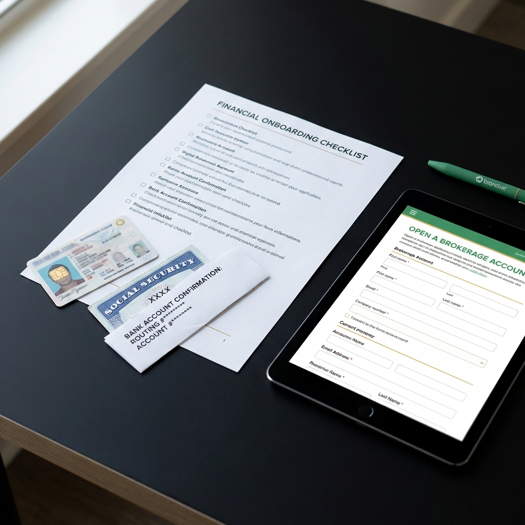 Close up checklist with ID card SSN card and bank routing info beside a tablet showing an account application form how to start a brokerage account