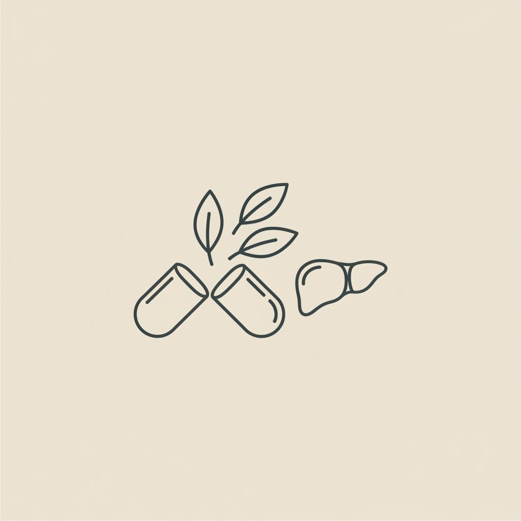 Minimalist line illustration of an opened capsule releasing small stylized leaves toward a simple liver icon on a beige background, illustrating berberine liver toxicity.