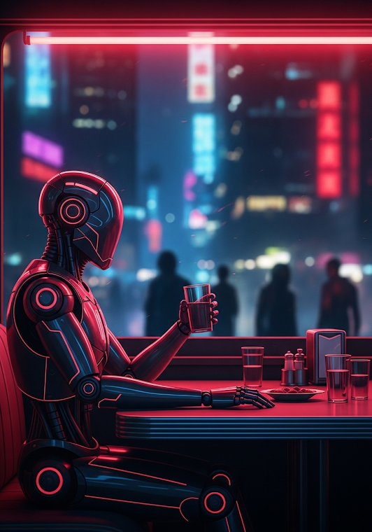 Cyberpunk Robot Diner Neon Cityscape Meal