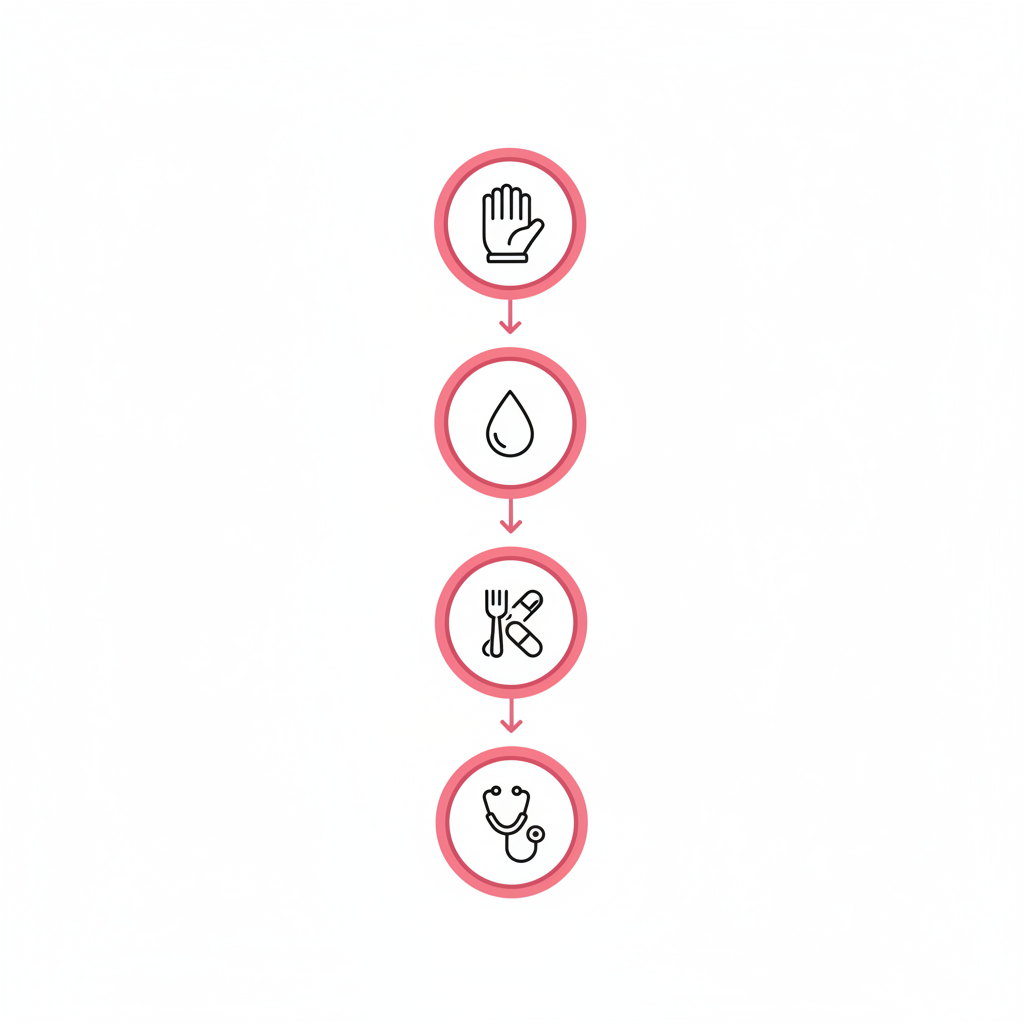 Vektor-Infografik: vier minimalistische Icons (Handschuh, Öl‑Tropfen, Gabel+Tablette, Stethoskop) als Schrittfolge zur Pflege weiche Fingernägel auf weißem Hintergrund