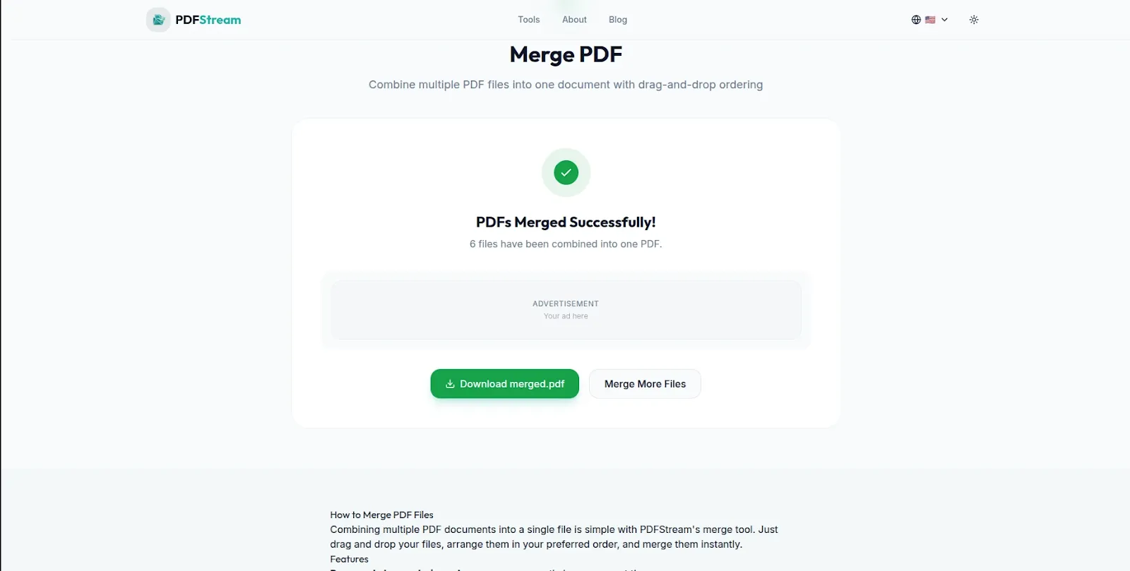 Multiple PDF files merged into one using PDFStream free browser tool 2026
