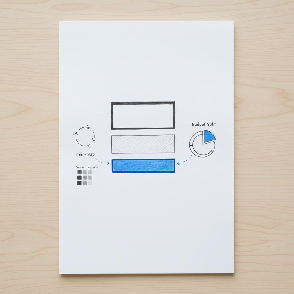 Top-down notebook sketch of a simplified browser viewport with headline block, hero placeholder and single button, emphasizing layout clarity for 3 second rule web design.
