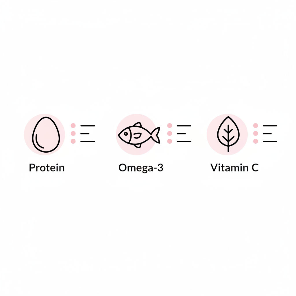 Minimalistische 2D-Vektor-Infografik mit drei Icons (Ei, Fisch, Blatt) zur Darstellung von Nährstoffen zum Nägel stärken in NailX-Farben, weißer Hintergrund.