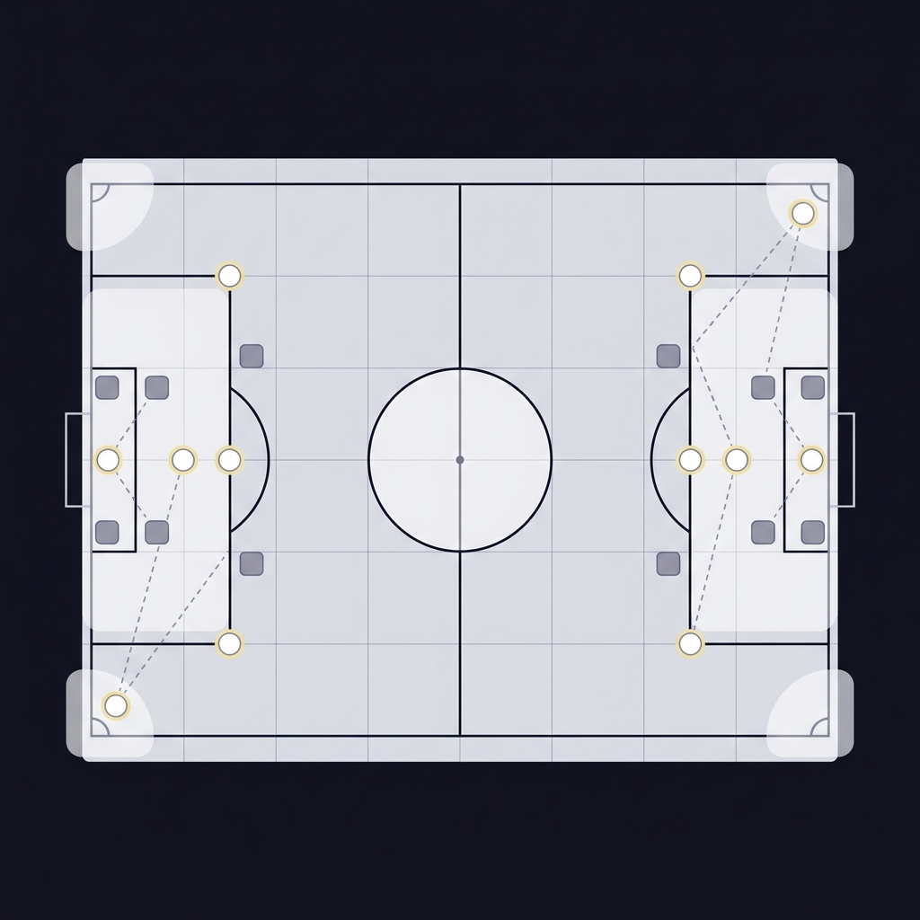 Top down vector diagram of a soccer pitch showing set piece zones with primary targets and screeners marked in minimalist Funded Plays brand colors Building a Soccer Match Research Checklist
