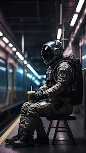 Sci Fi Astronaut Commuter Drinking Coffee Subway Platform