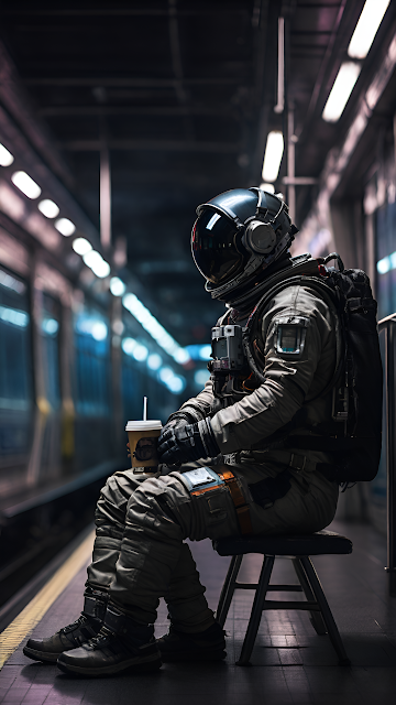 Sci Fi Astronaut Commuter Drinking Coffee Subway Platform - Free mobile Wallpaper