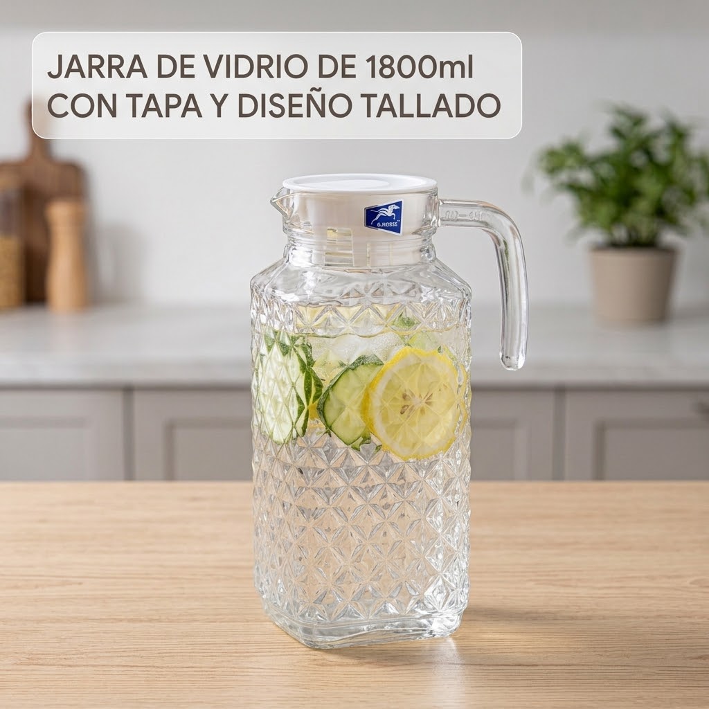Jarra de vidrio con relieve de rombos y tapa