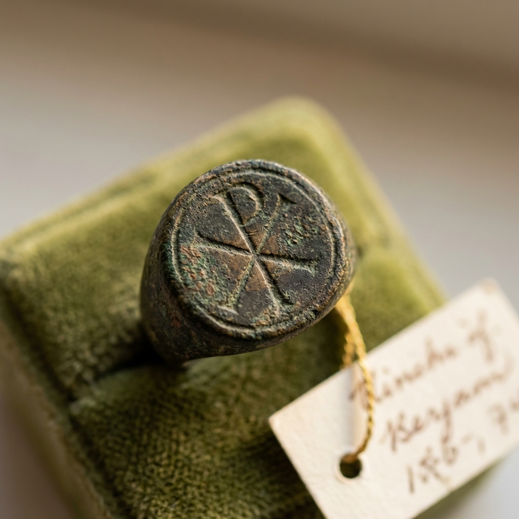 Close up detail of an ancient christian ring bezel with green patina on a small beige velvet pad with an out of focus provenance tag in a soft neutral background