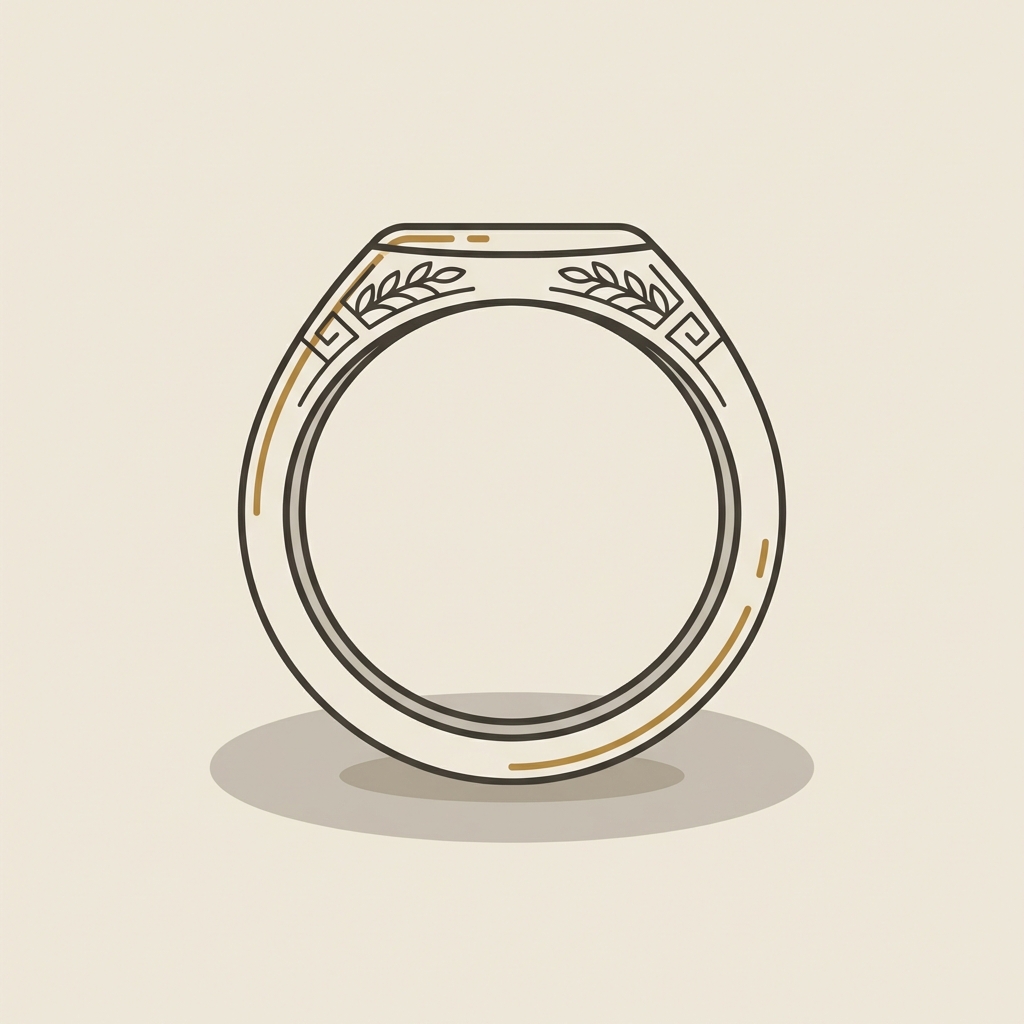 Minimalist 2D vector of a roman ring 916 centered on a cream background using Aurora Antiqua palette with subtle shadow and c2bdb6 platform accents