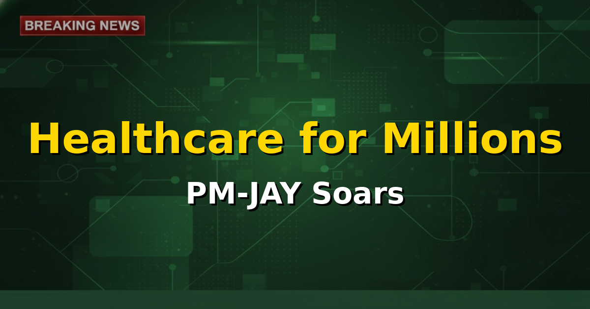 Ayushman Bharat PM-JAY health card with a blurred image of people in a hospital setting in the background, symbolizing access to healthcare.