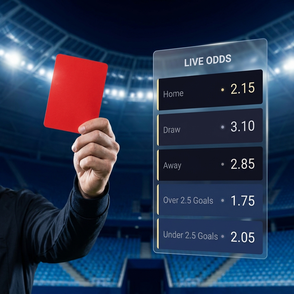 Close up of a referee red card with a semi transparent odds ladder window in the background illustrating How Red Cards Change Live Odds in a minimalist Funded Plays style