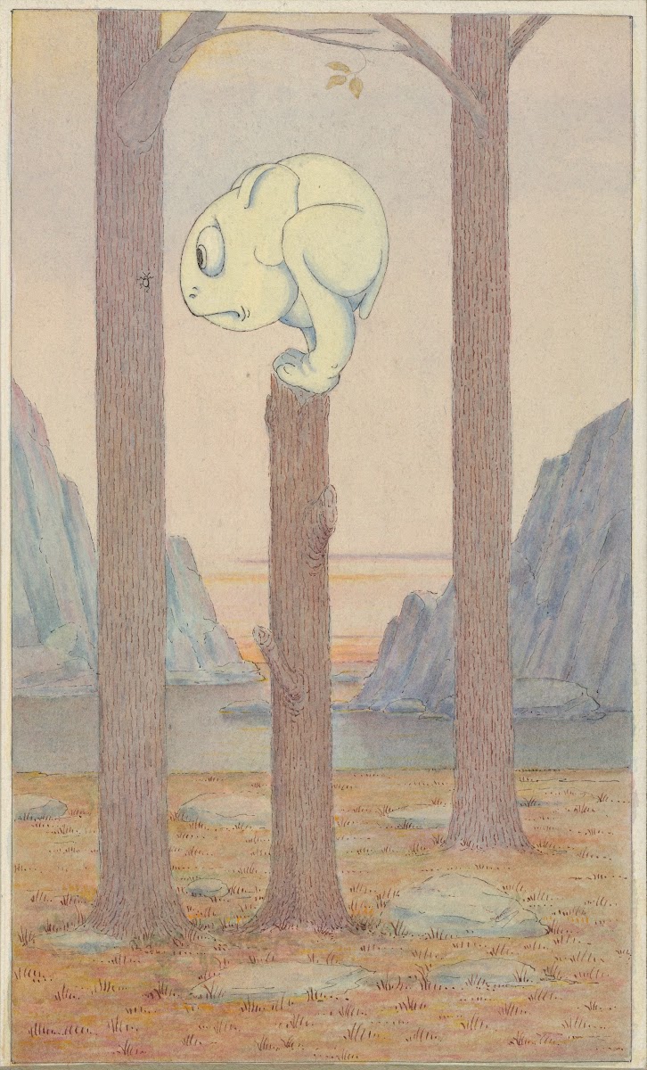 The Wiggle Much Creature on a Tree Stump Looking at a Bug circa 1910