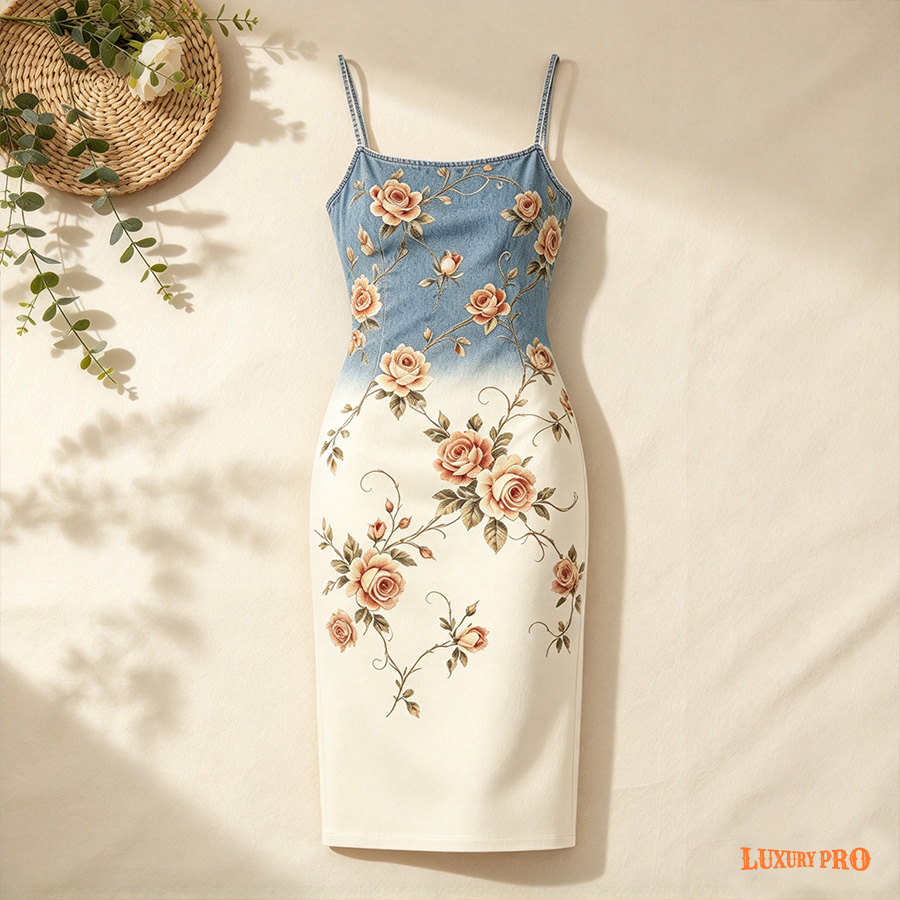 AOP Faux Denim Cami Bodycon Skirt