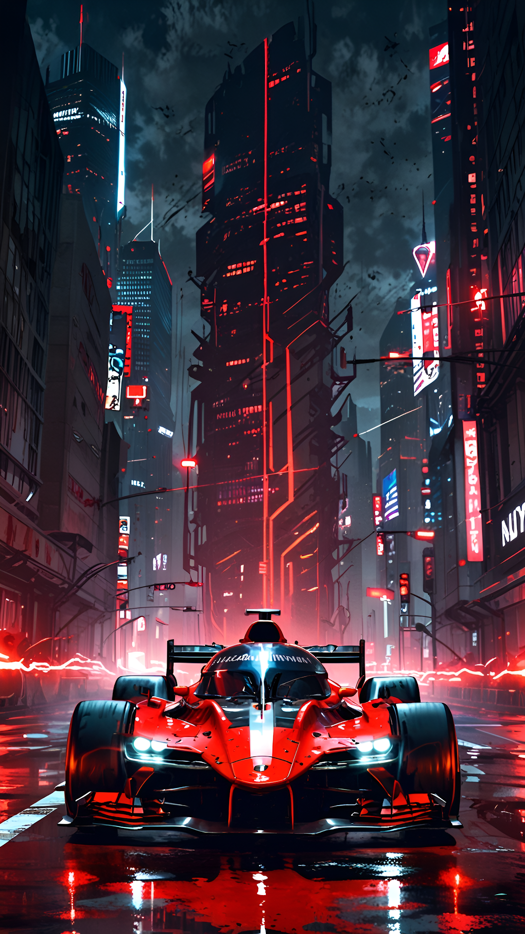 Red Race Car in Neon-Drenched Cyberpunk City - Free 4K mobile Wallpaper