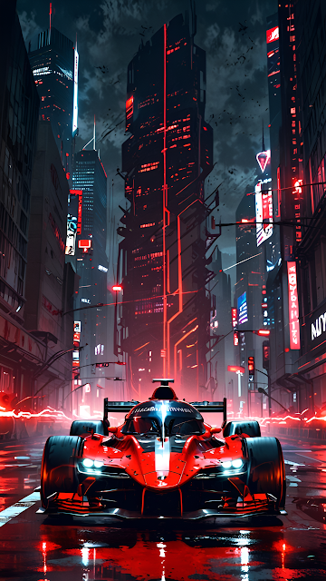 Red Race Car in Neon-Drenched Cyberpunk City - Free mobile Wallpaper