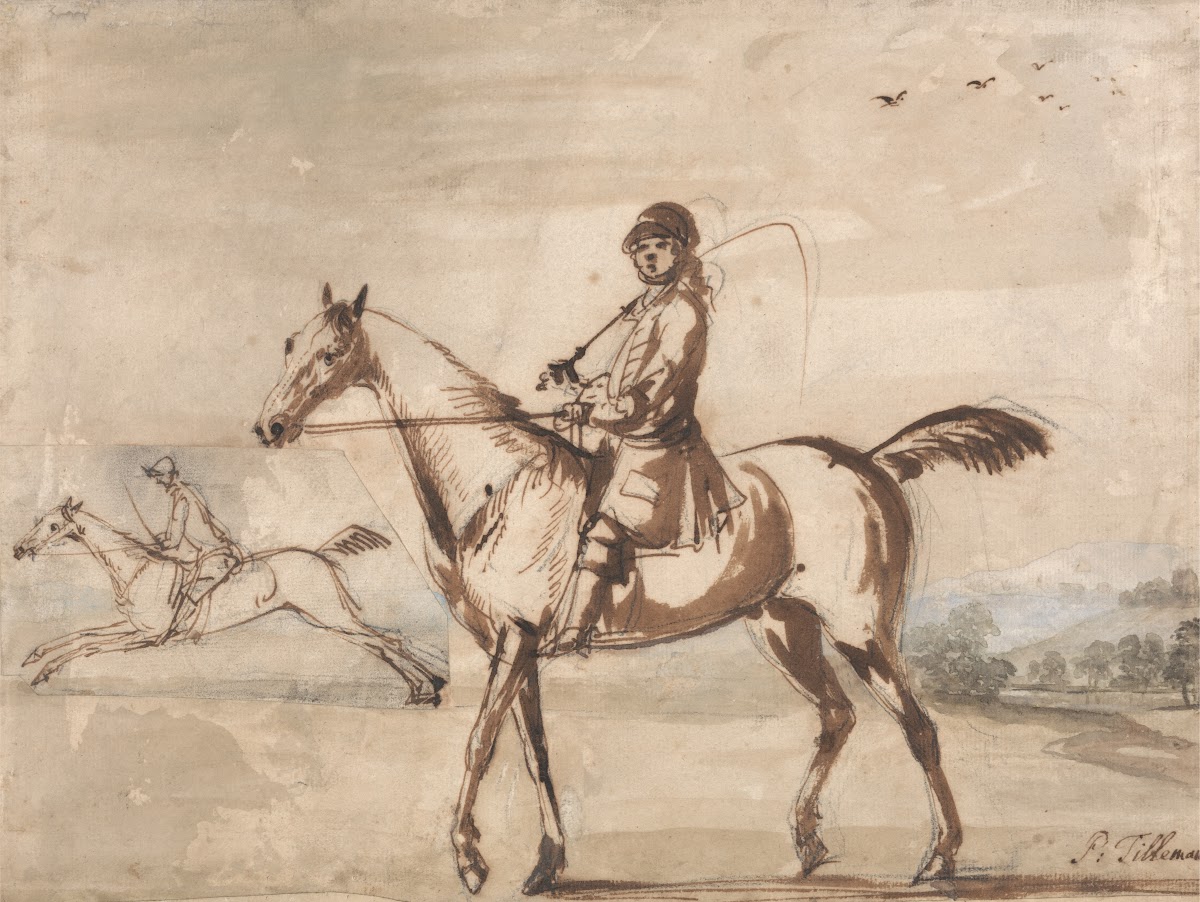 Horse and Rider Walking to Left in a Hilly Landscape