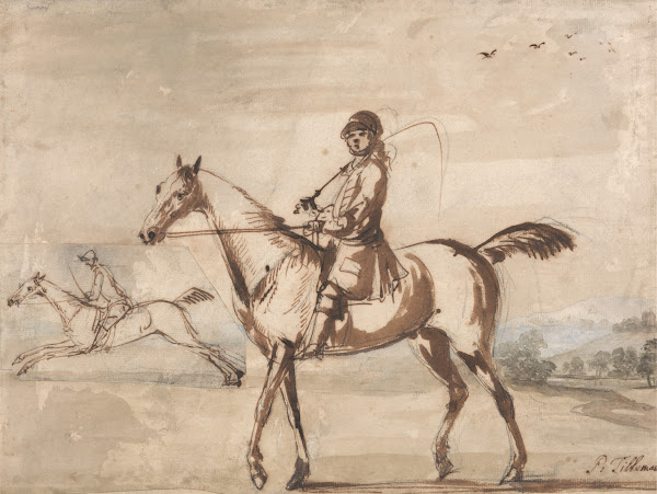 Horse and Rider Walking to Left in a Hilly Landscape