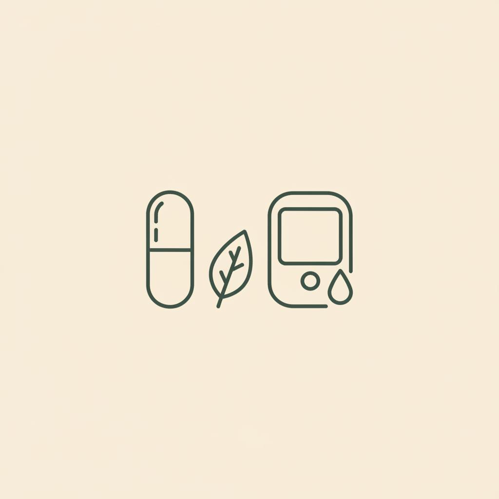 Minimal Tonum-style line illustration of a capsule, leaf, and glucose meter on beige background representing magnesium for cravings.