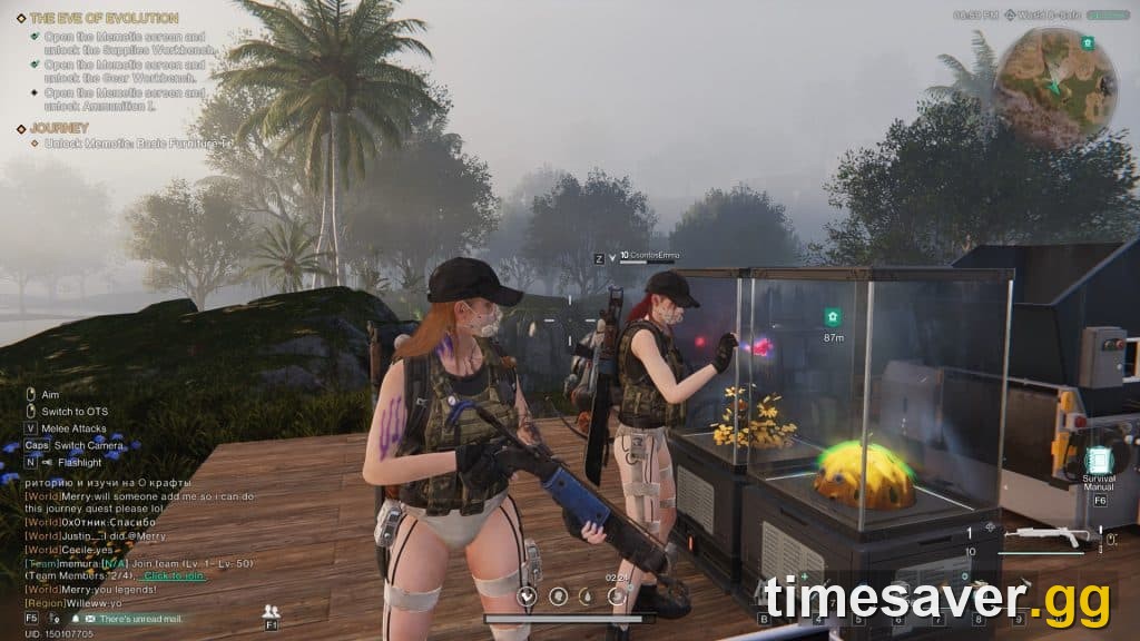 Two Once Human players together in the open world with team and world chat on screen — crossplay lets PS5, Xbox, PC and mobile survivors share the same server.