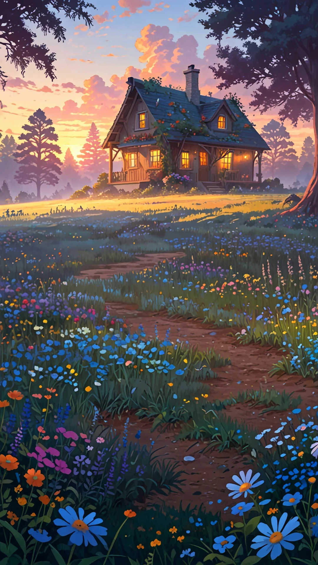 Cozy Cottage in Wildflower Meadow at Golden Sunset - Free 4K mobile Wallpaper