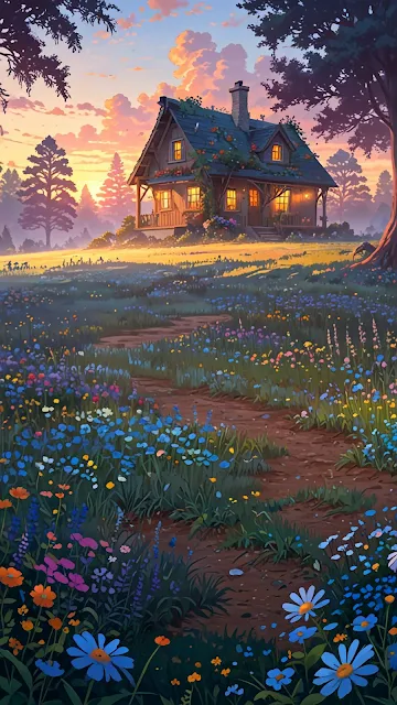 Cozy Cottage in Wildflower Meadow at Golden Sunset