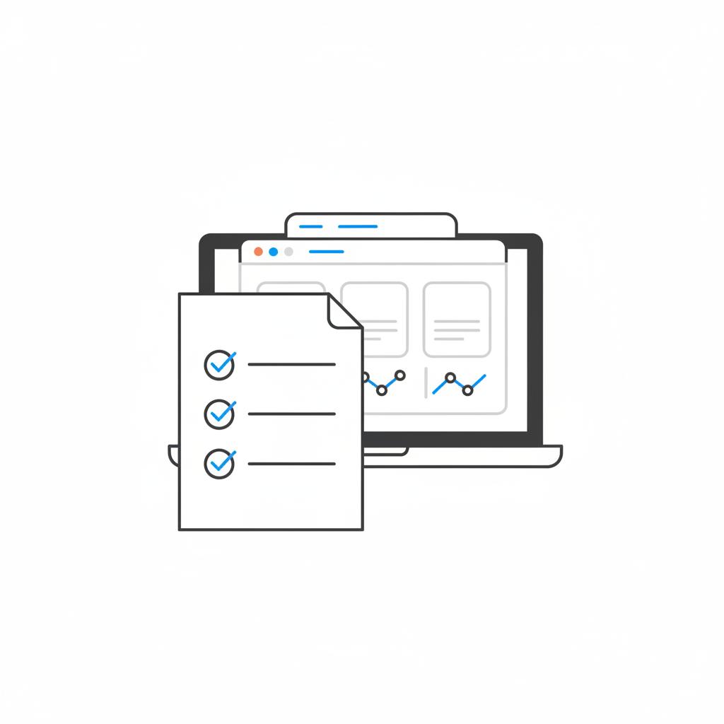 Minimal 2D vector of a checklist on paper beside a laptop showing three open valuation tabs representing KBB Edmunds and NADA used honda cr v for sale