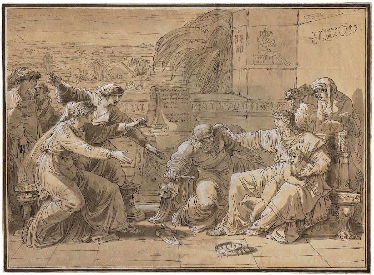 The infant Moses casting the Pharaohs crown to the ground