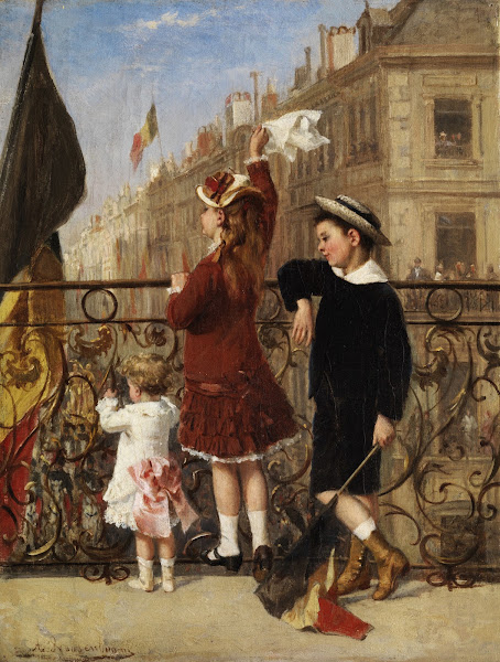 Winkende Kinder bei einem Fest in der Stadt 1880