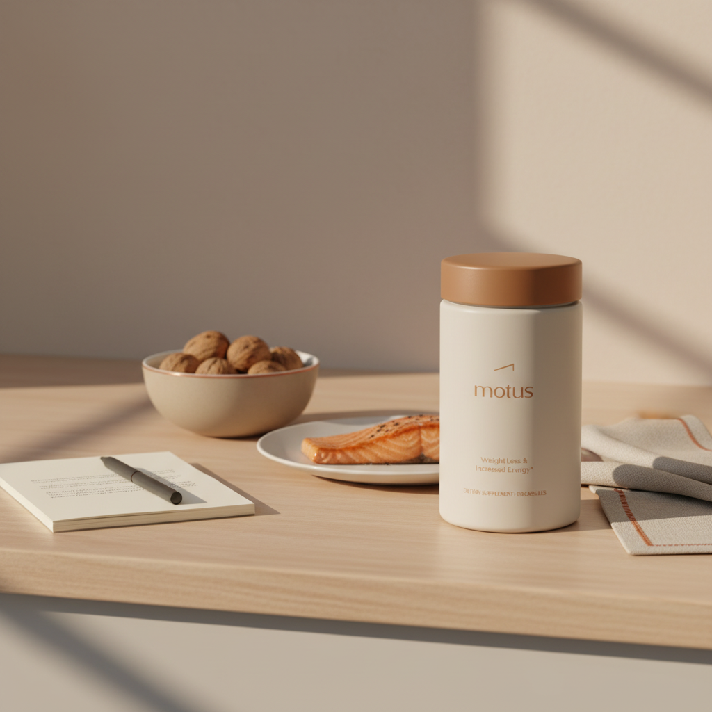 Minimalist kitchen scene with a Nouro supplement bottle next to walnuts and oily fish on a light wood counter, suggesting vitamins for memory and brain health.
