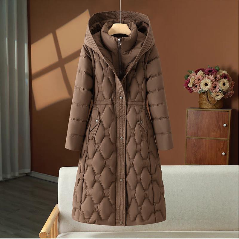 Long women's puffer coat with waist tailoring